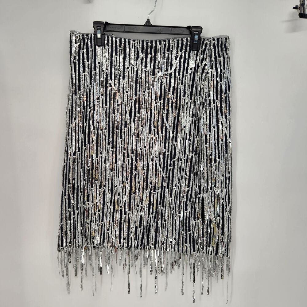 Anthropologie Maeve Fringe Sequin Navy & Silver Flapper Midi Skirt Women's 14 - Picture 2 of 9